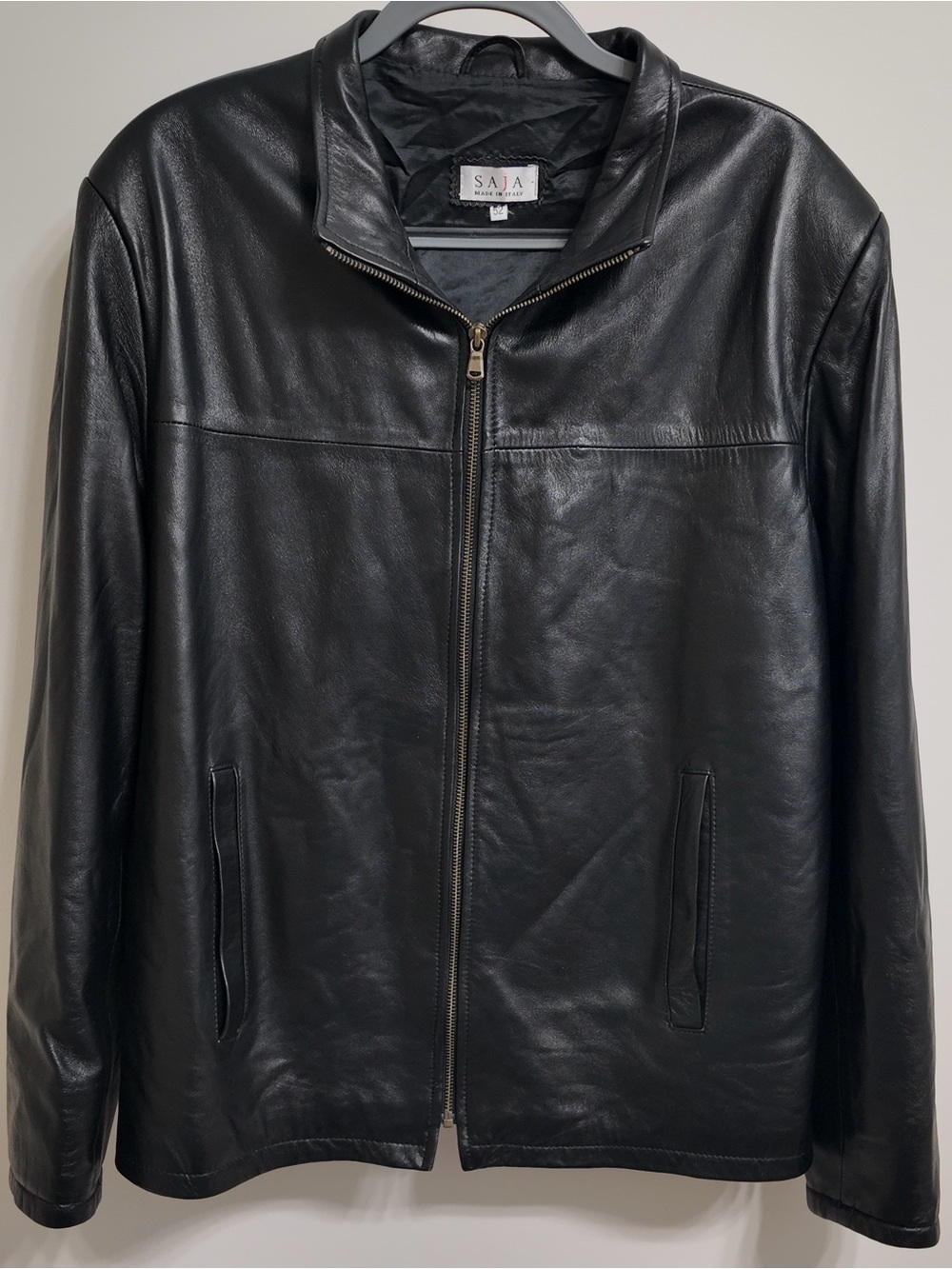 SAJA Made in Italy Mens 52 Black Genuine Leather Jacket Full Zip Vera Pelle